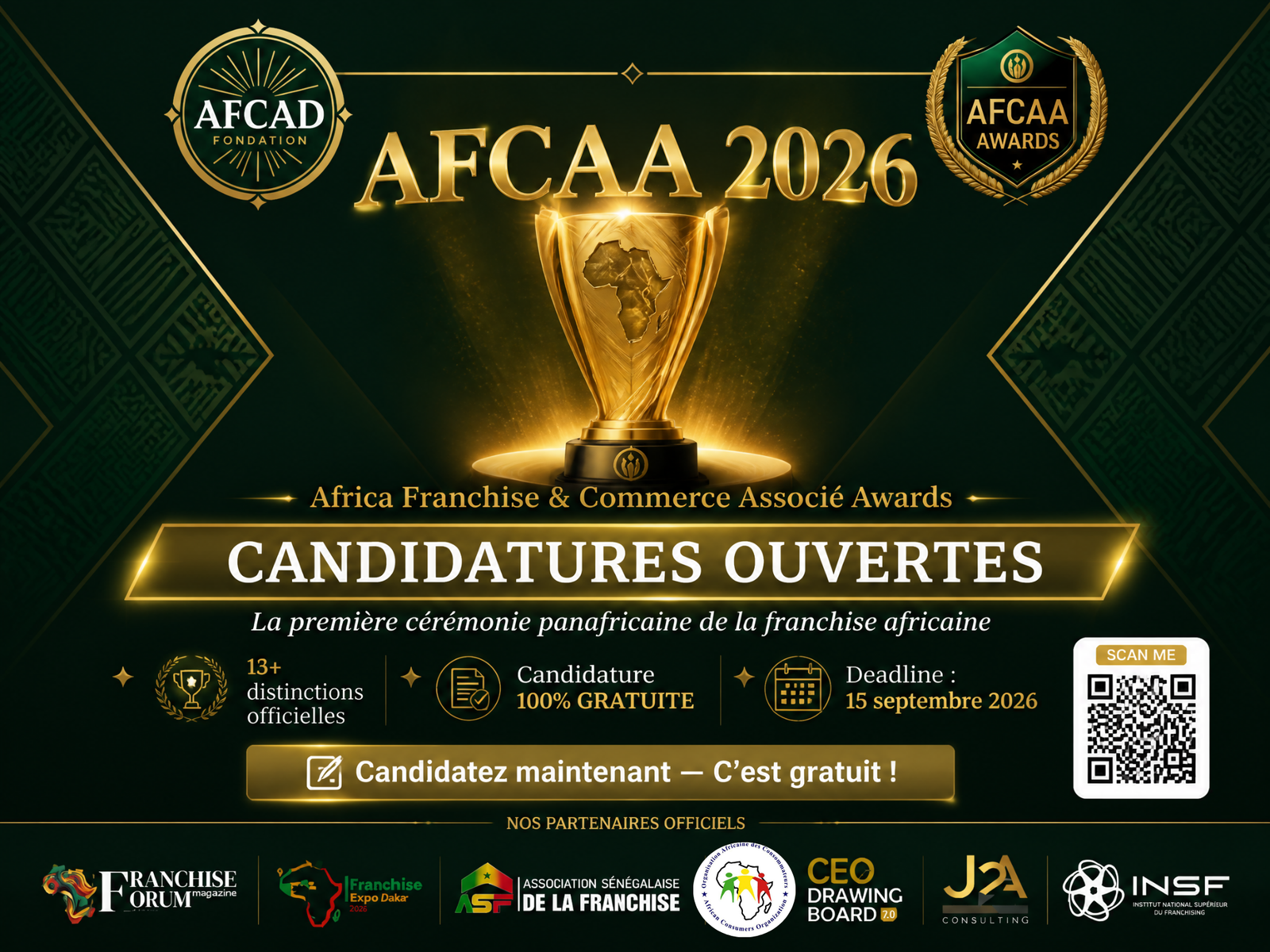 AFCAA 2026 à Dakar : 13 prix, candidature gratuite. Découvrez les catégories et postulez avant le 15 septembre.